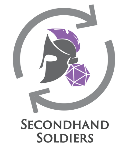 Secondhand Soldiers logo. Stylized Spartan helmet with crest and twenty sided die in the middle of a circle of two arrows going around as a replay symbol sitting on top of the words "Secondhand Soldiers" which are stacked one on the other.